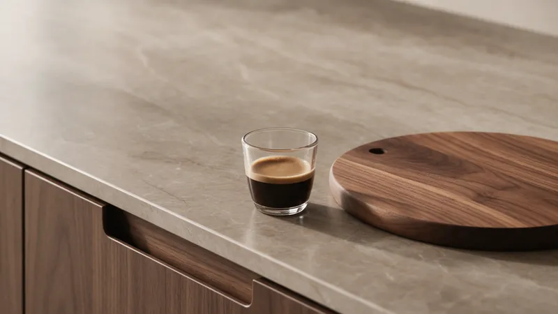 Bancada de porcelanato cinza-quente sobre armários em nogueira, com café e tábua de madeira