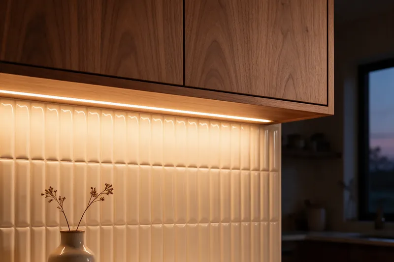 Armário aéreo em nogueira com fita de LED embutida iluminando revestimento creme e bancada de pedra