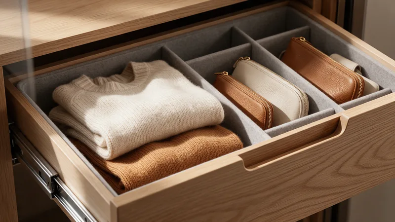 Gaveta de guarda-roupa planejado com corrediça amortecida e divisórias internas, Prumo Marcenaria