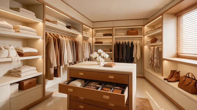 Closet planejado em MDF amadeirado com iluminação em LED e gaveteiro central, Prumo Marcenaria, Maringá
