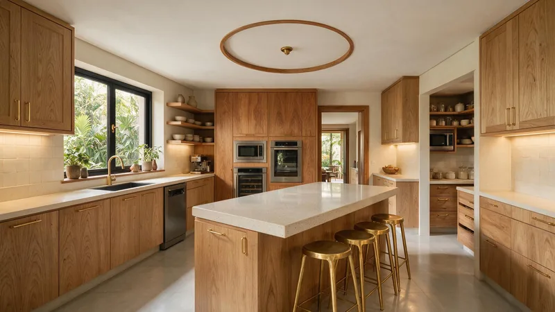 Cozinha planejada de alto padrão em lâmina natural com ilha e iluminação embutida, executada por marcenaria em Maringá