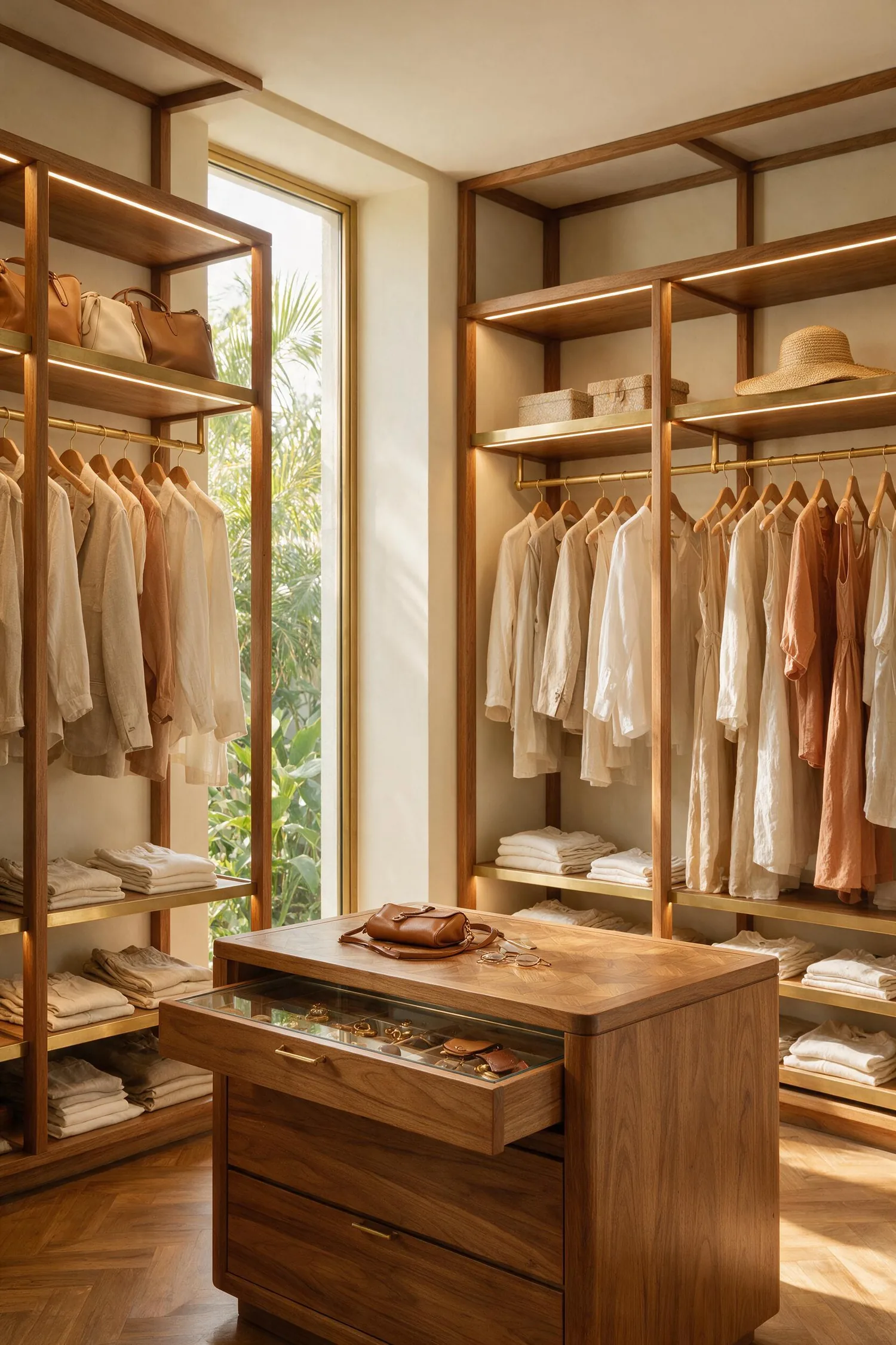 Closet com ilha central e gaveteiro sob medida