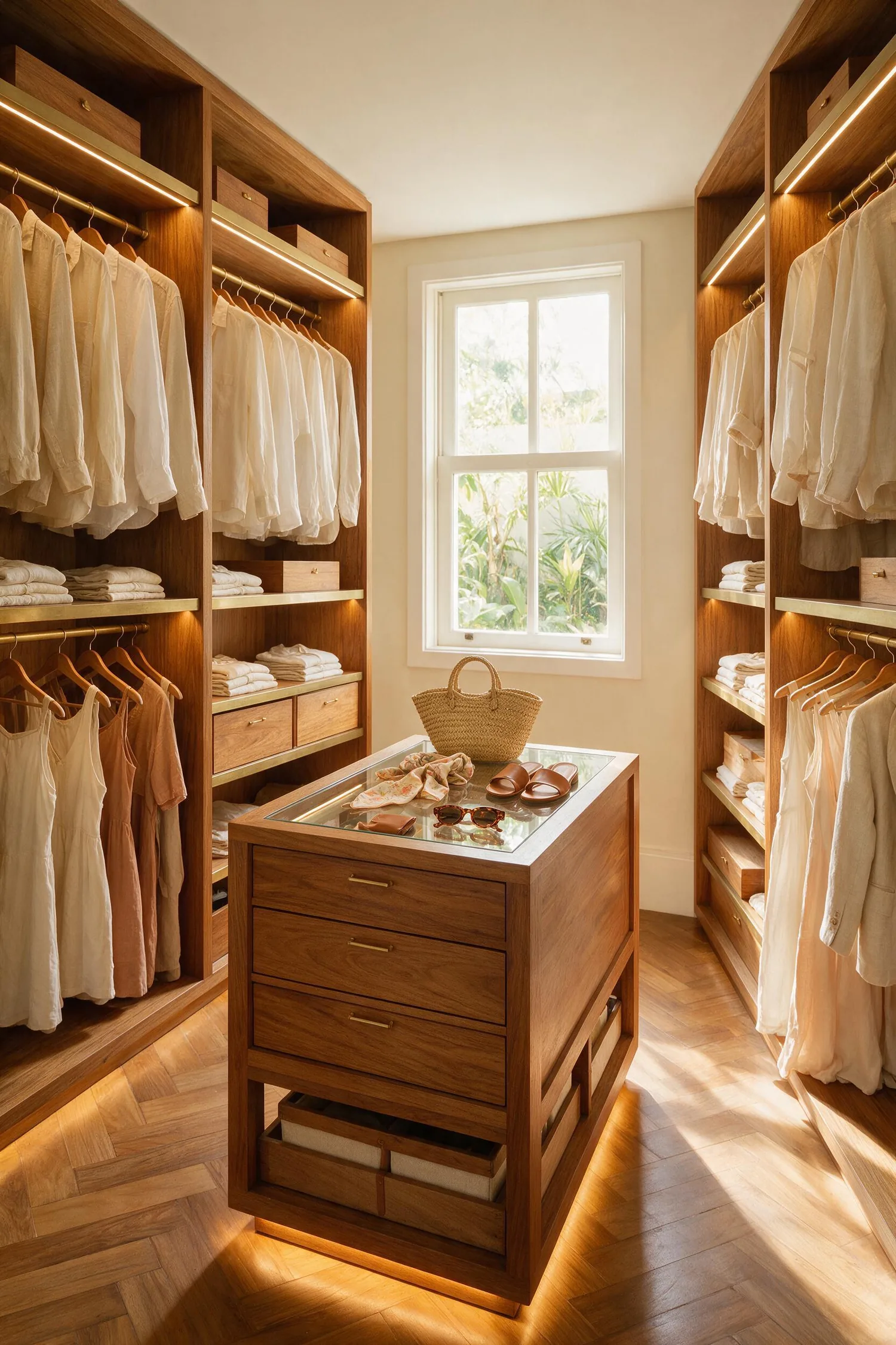 Closet planejado com cabideiros em dois níveis e prateleiras iluminadas