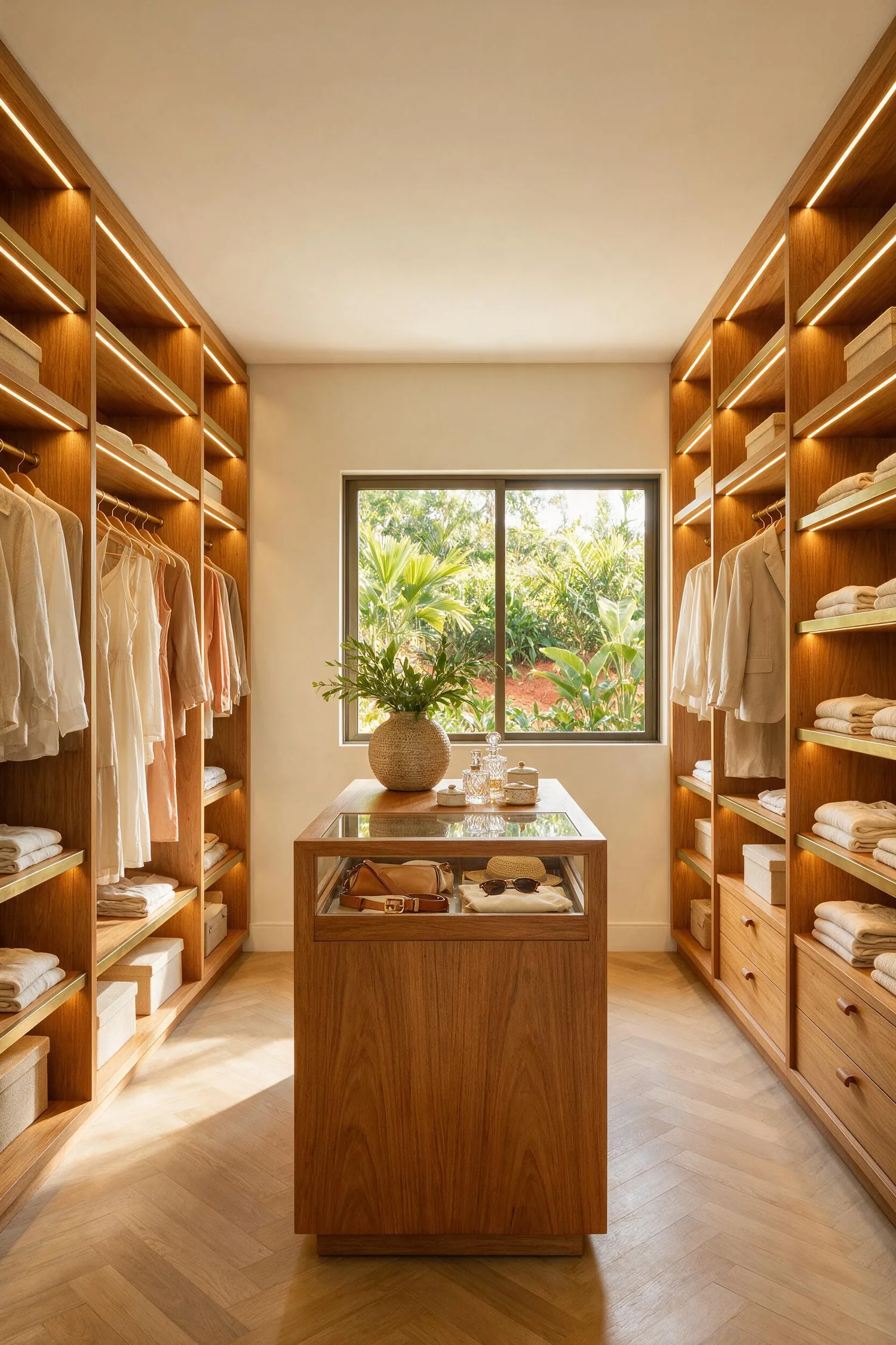 Detalhe de closet planejado: prateleira com fita de LED e puxador embutido