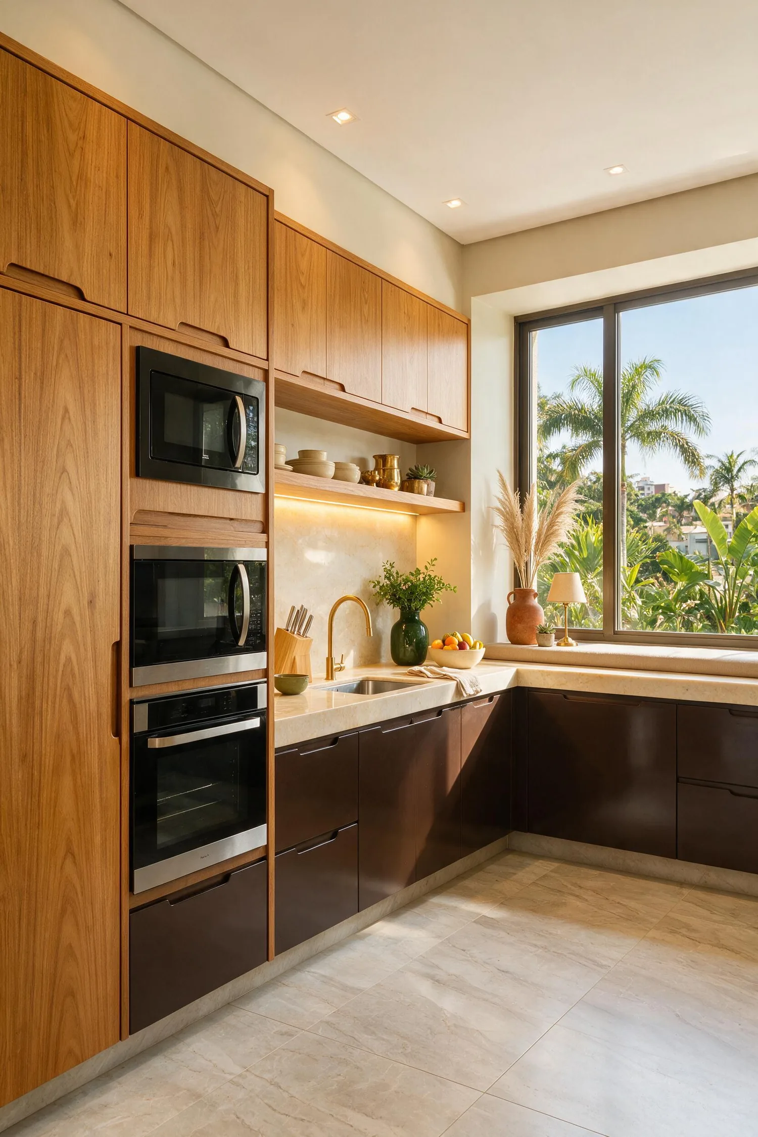 Detalhe de marcenaria de cozinha: painel ripado em lâmina natural e ferragens embutidas