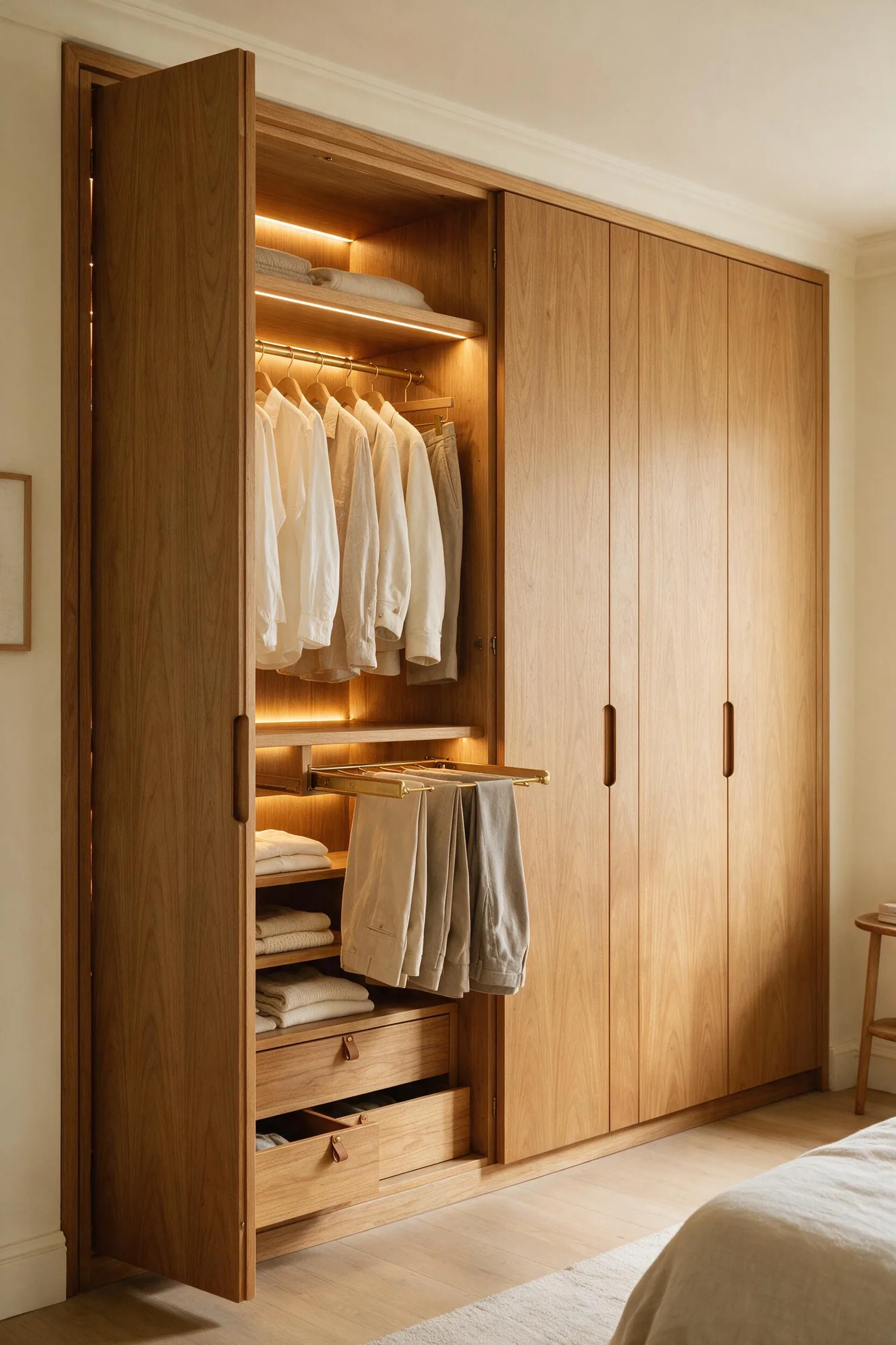 Interior de guarda-roupa sob medida com cabideiros, gavetas e prateleiras