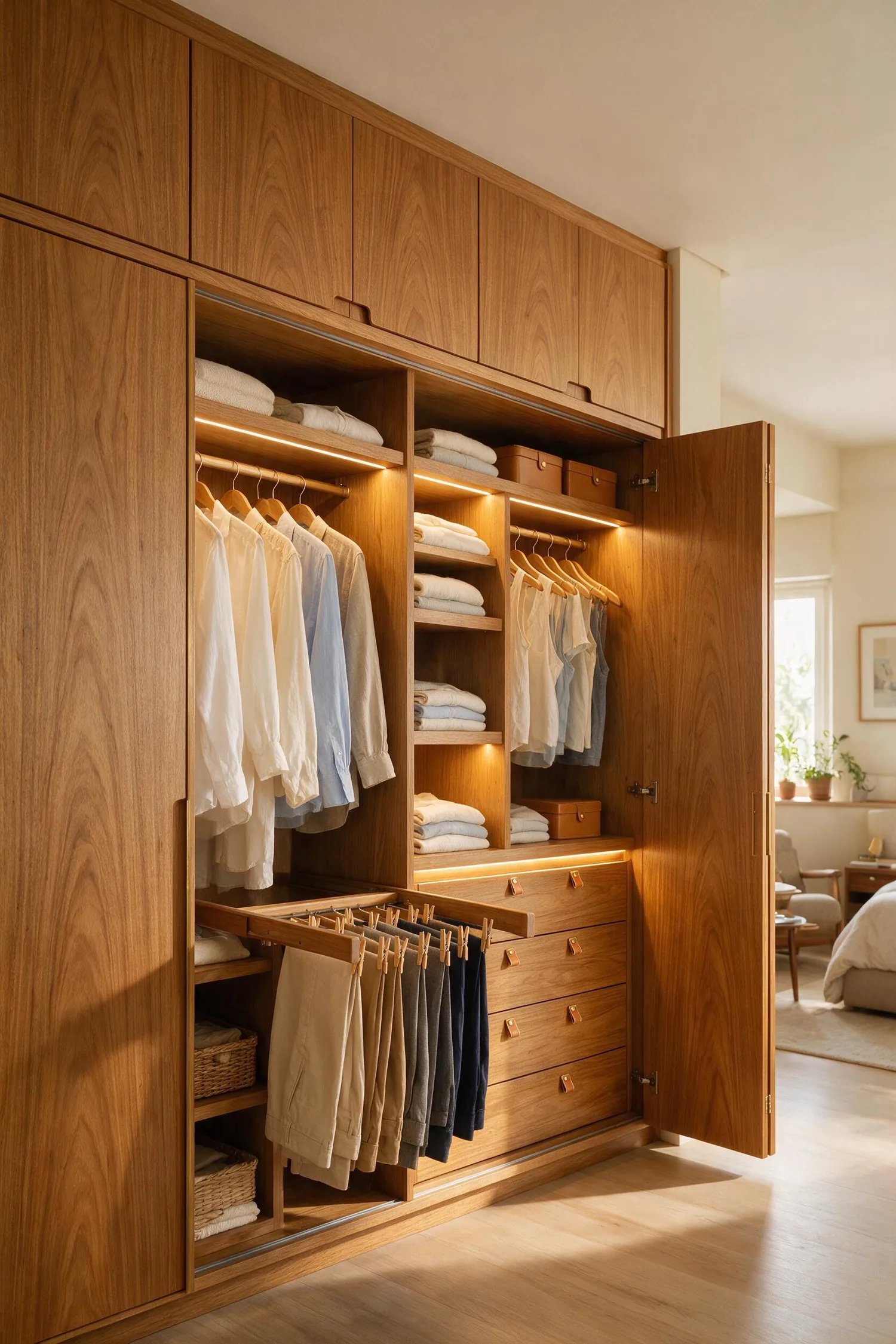 Detalhe do guarda-roupa: corrediça oculta e acabamento em lâmina natural