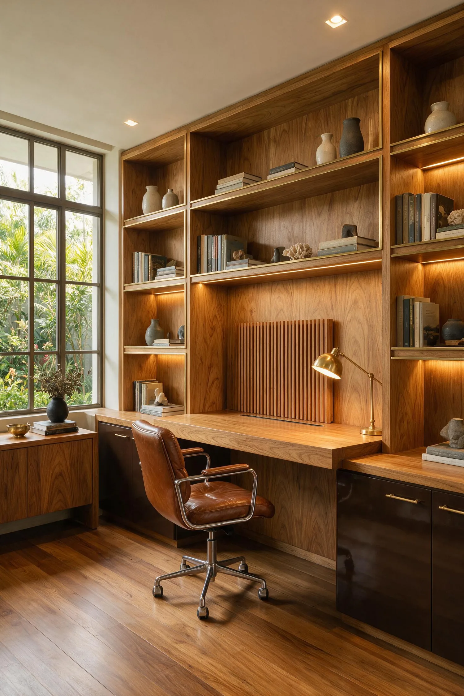 Estante de home office com nichos abertos e portas em MDF