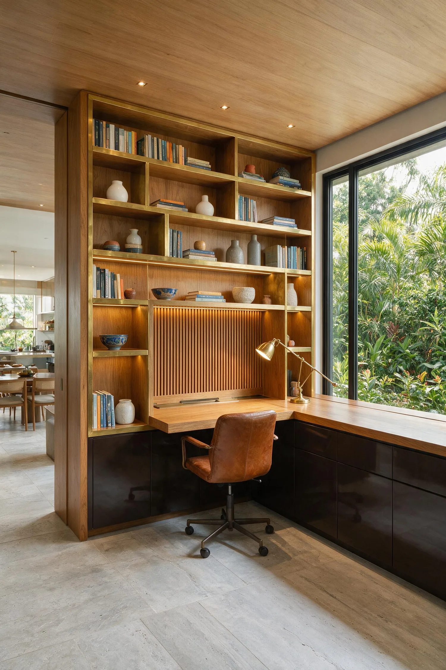 Detalhe do home office: prateleira com LED e gaveteiro sob a bancada