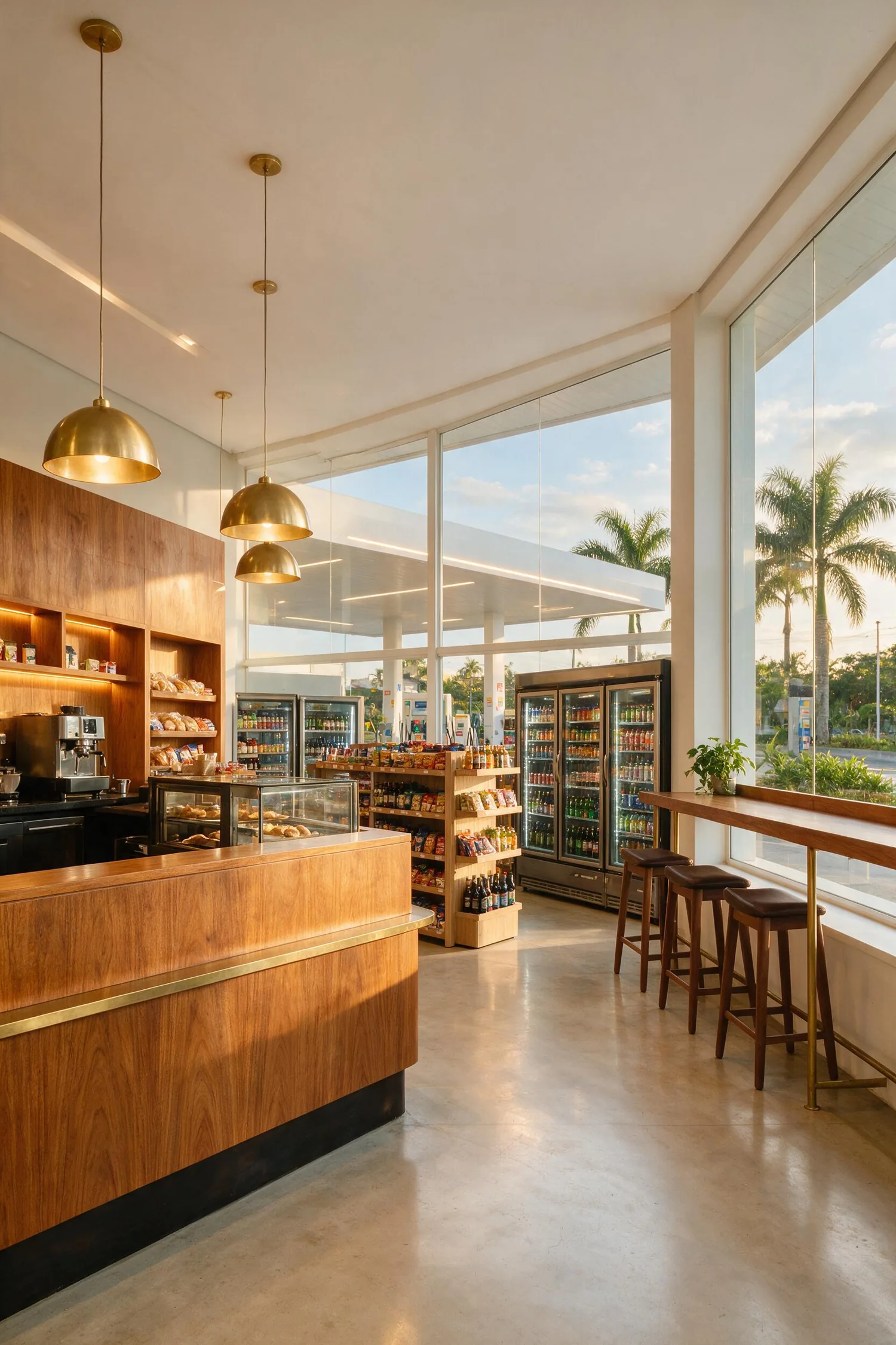 Área de café de posto com balcão e expositor sob medida