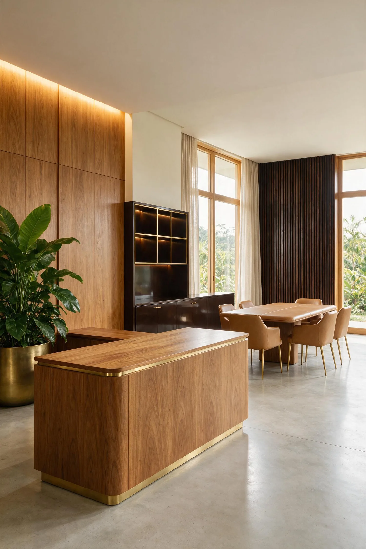 Sala de reunião com marcenaria integrada e painel acústico