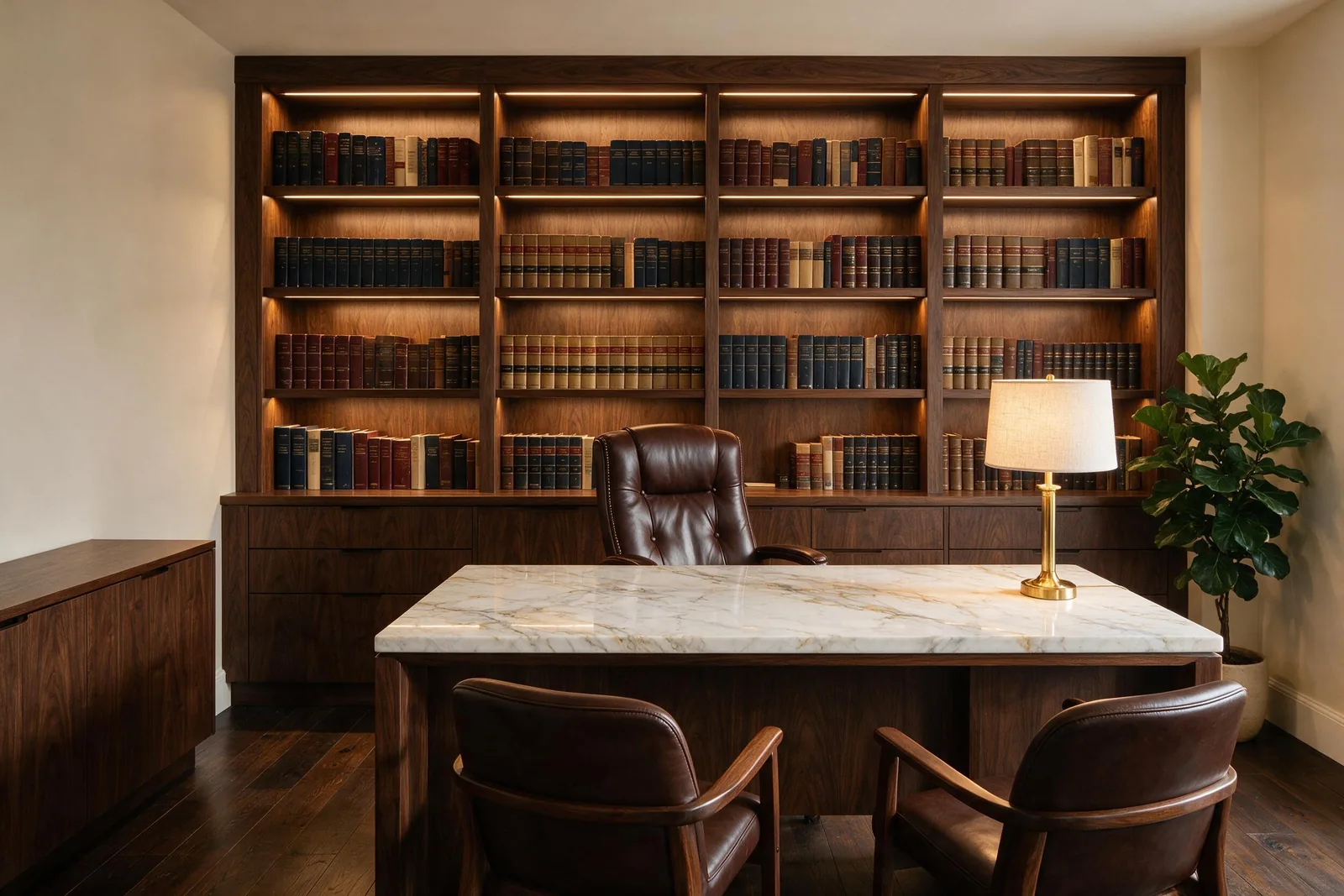 Escritório de advocacia com biblioteca sob medida em MDF Baviera e mesa em Mármore Branco Paraná — projeto da Prumo em Maringá