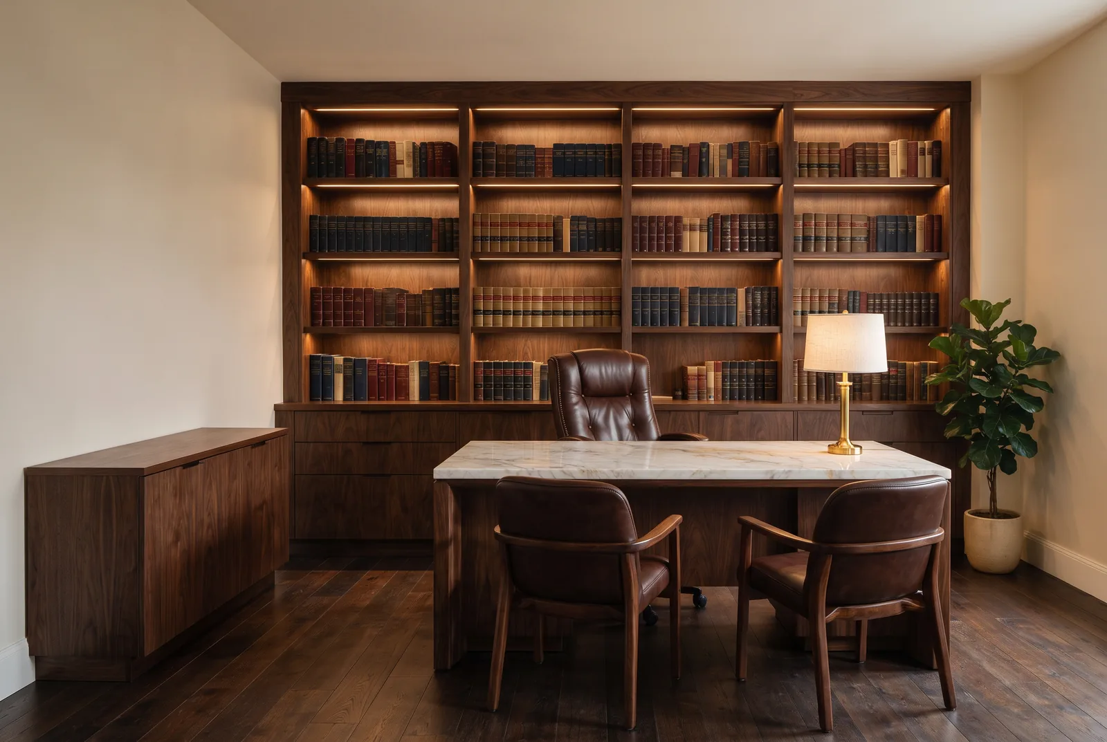 Sala de advocacia com marcenaria planejada em MDF Baviera e mesa em mármore