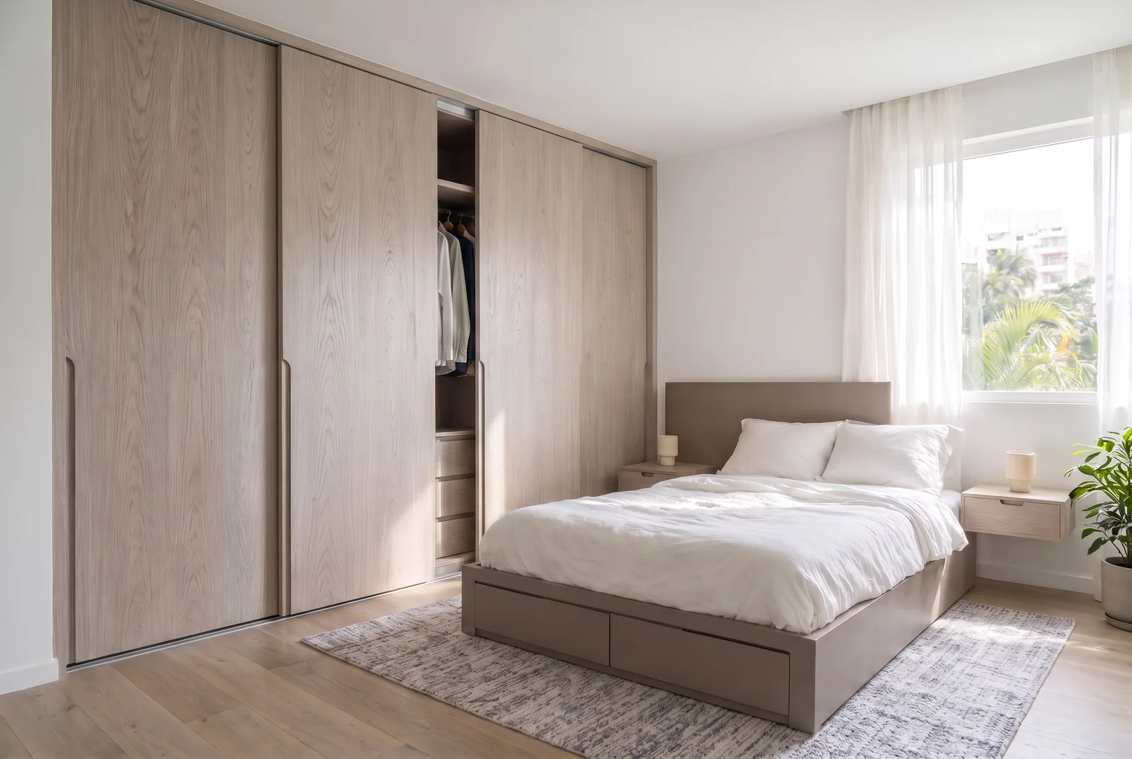 Quarto planejado com roupeiro de seis portas em MDF Carvalho Nórdico — projeto da Prumo em Maringá