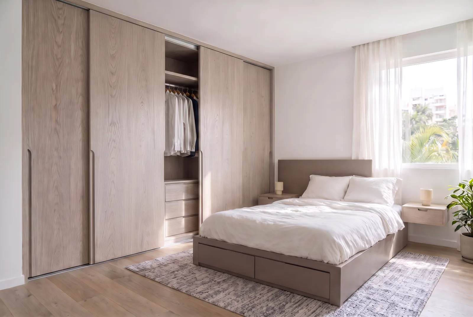 Quarto planejado em Carvalho Nórdico e Terrino, com roupeiro ocupando a parede inteira