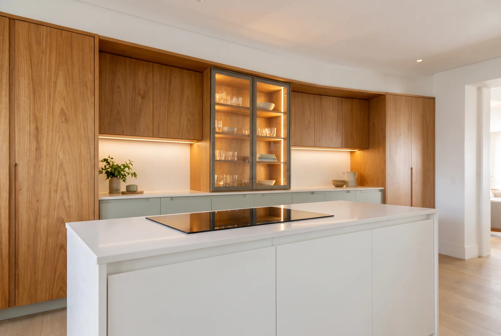 Bancada de apoio branca com cooktop embutido e armários inferiores em MDF Alecrim