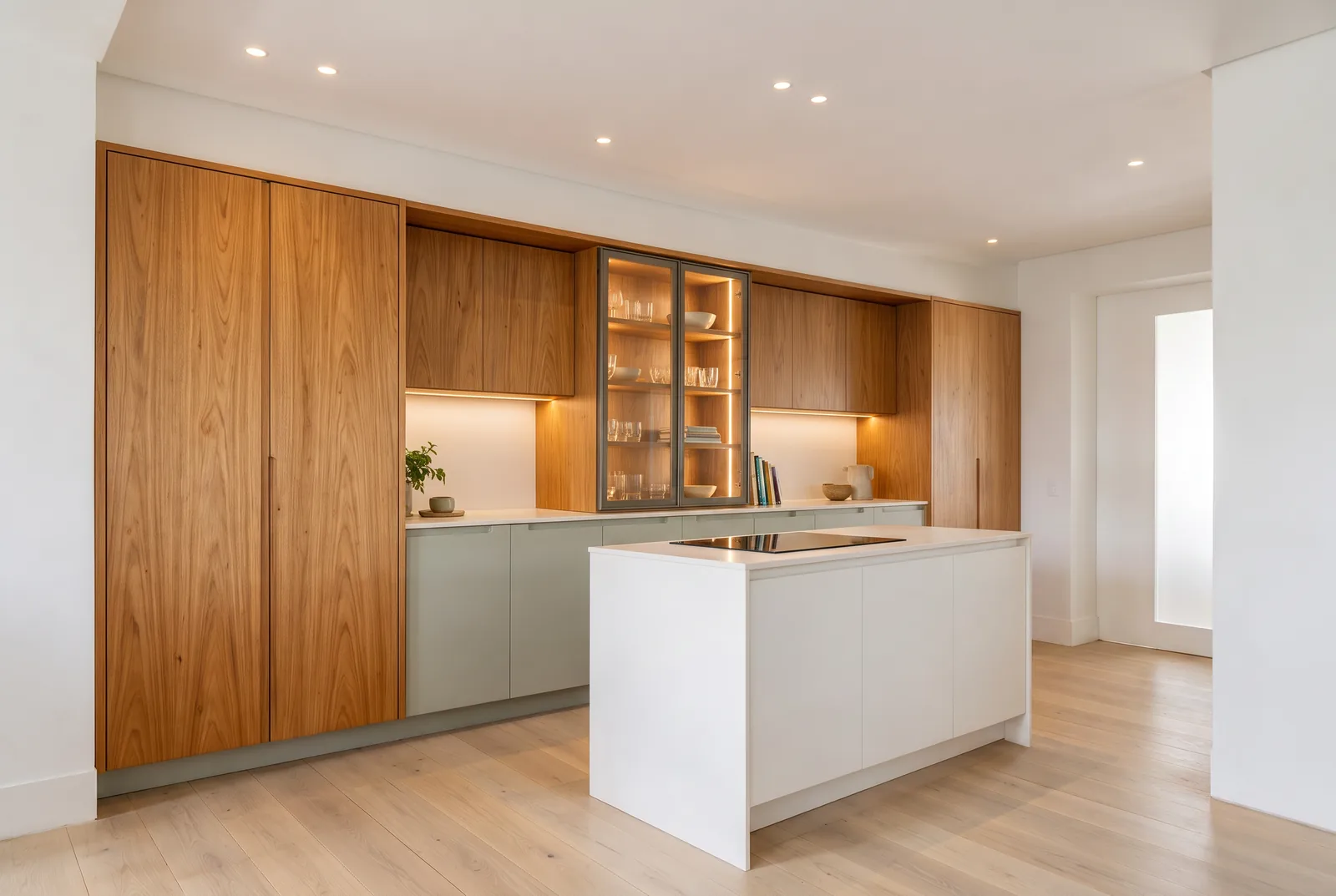 Cozinha de apartamento em MDF Freijó e Alecrim, iluminada por spots e fitas de LED