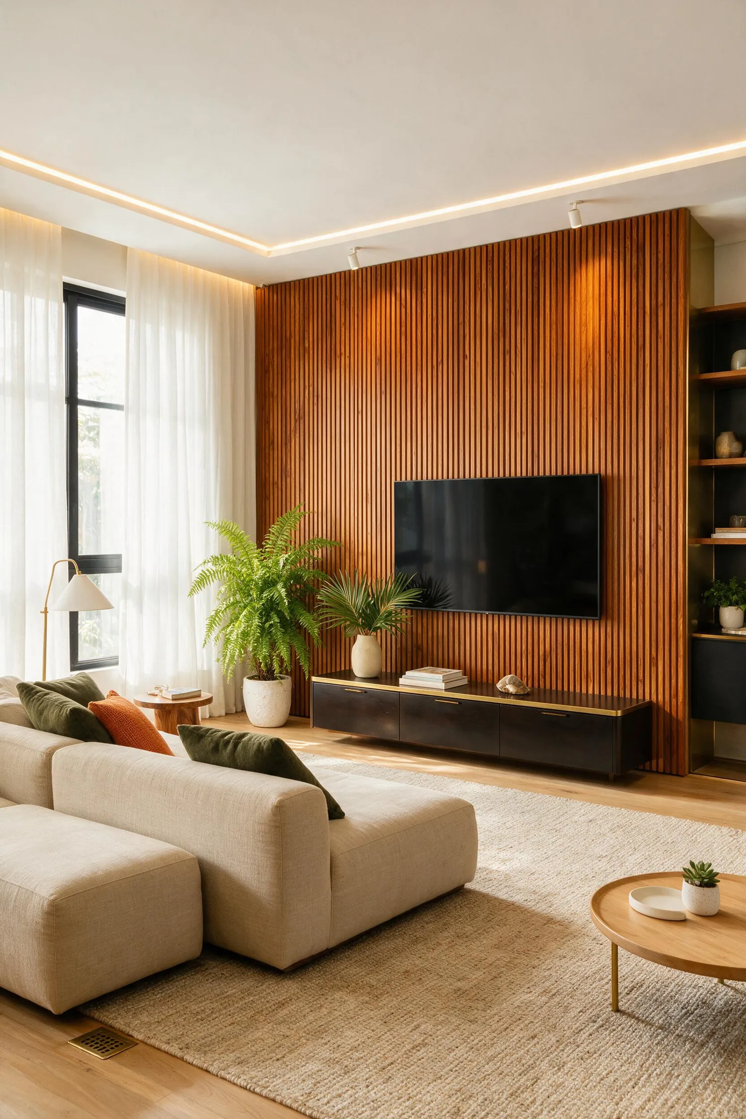 Painel de TV planejado com rack suspenso e fiação embutida