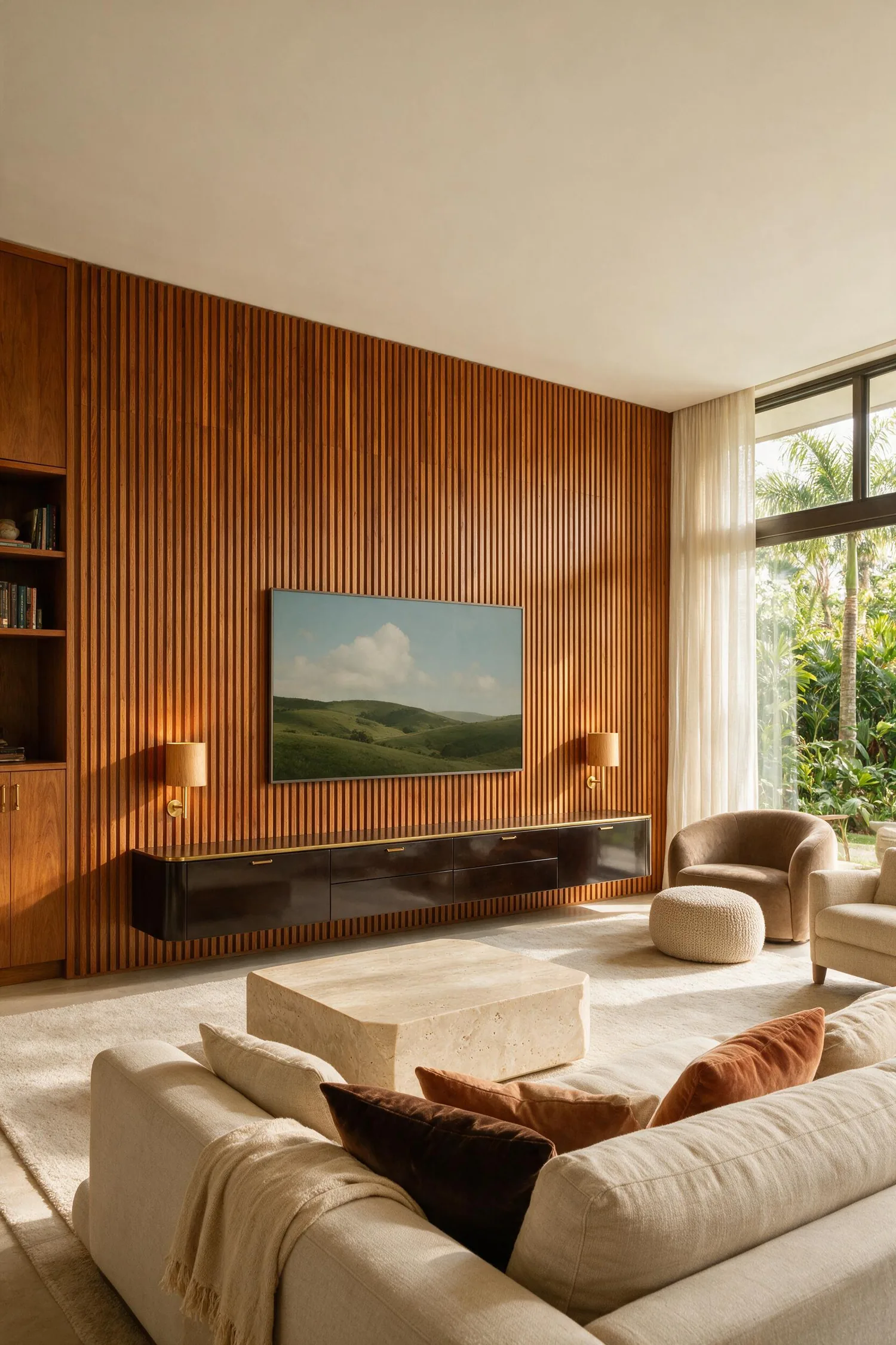 Home theater com marcenaria integrada e nichos ventilados