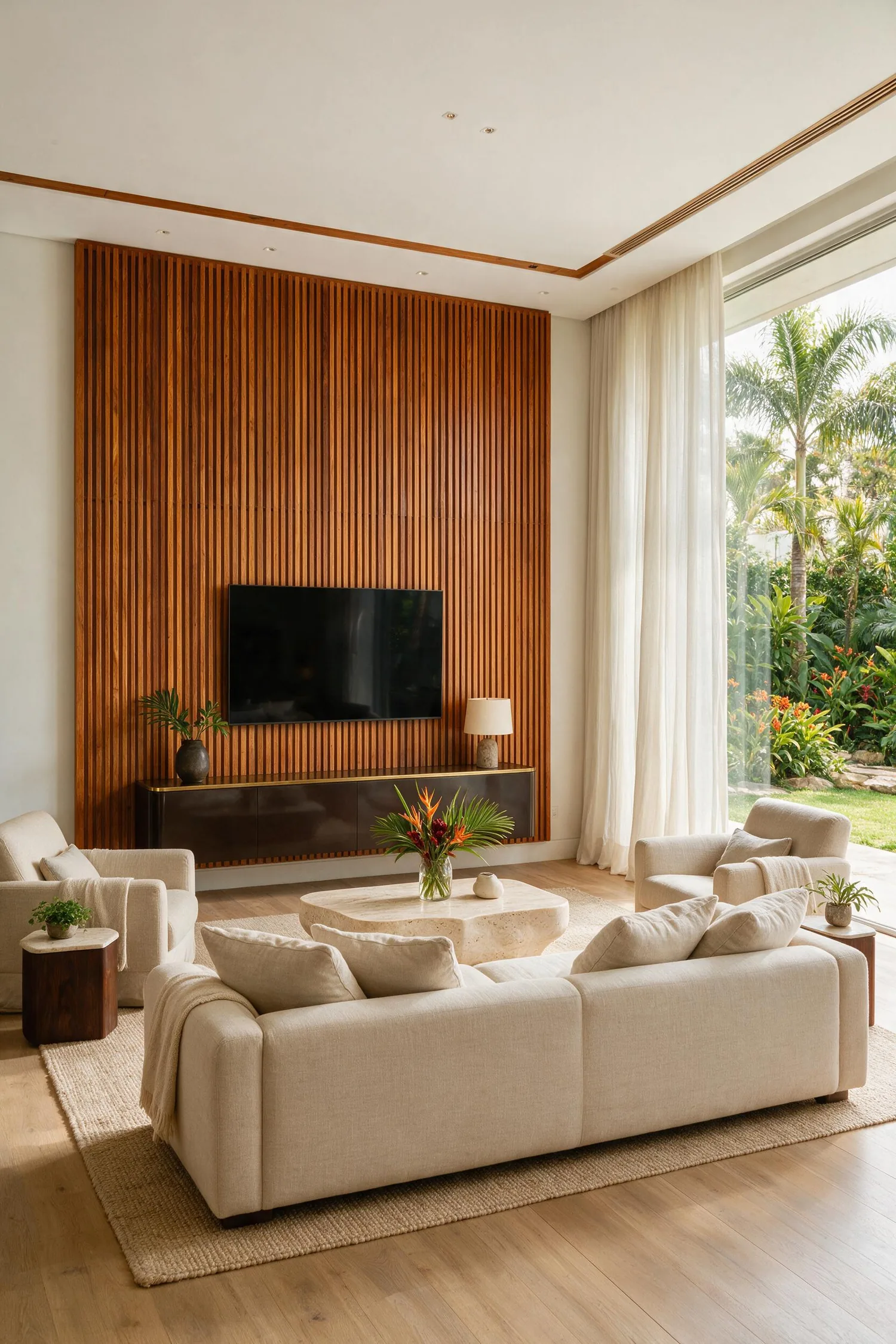 Living planejado com painel ripado e iluminação indireta